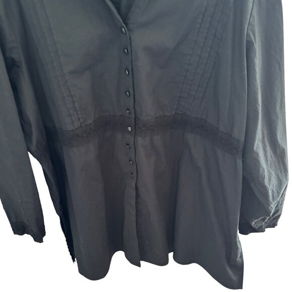 Susan Graver Style Black Button Up Collared Shirt Top Sz XL Cotton Lace Pin Tuck - Picture 4 of 9
